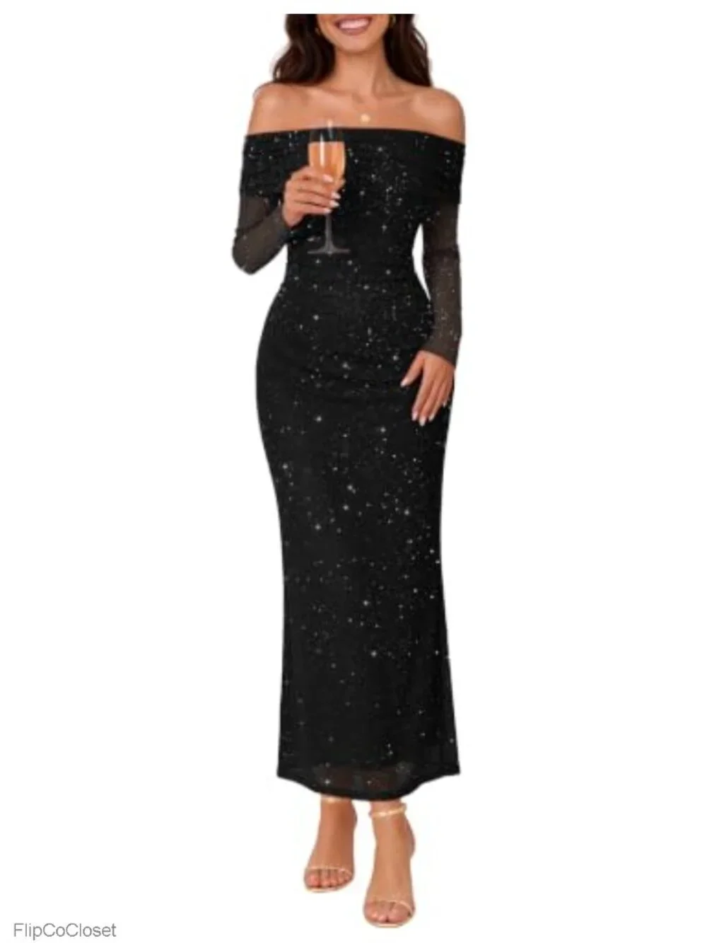 Off Shoulder Mesh Maxi Dress Sparkly Bodycon Long Sleeve